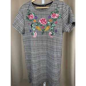 Zara Embroidered Plaid Shift Dress – Floral Sequin Detail – Size L
